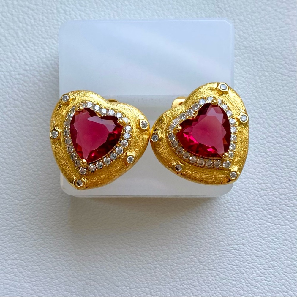 Gold Heart Earrings with Red Gemstones